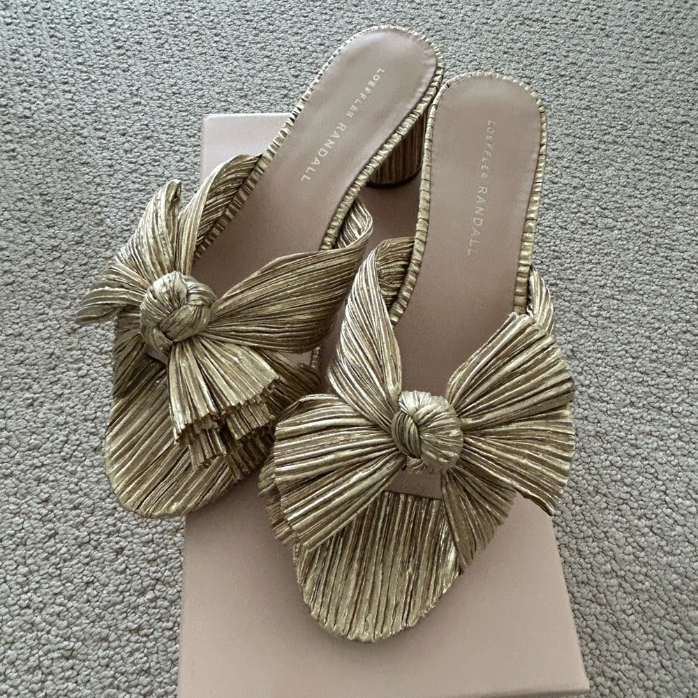 Loeffler Randall Emilia Metallic Gold Knot Bow Slide Mules